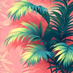 Fototapeta na wymiar Exotic Botanical Frame: Vibrant Tropical Leaves with a Central Copy Space on a Teal Background