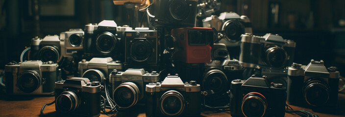 Pile of retro cameras on the table