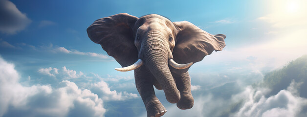 Elephant Flying in the Clouds - obrazy, fototapety, plakaty