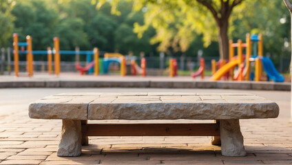 Fototapeta premium empty stone table for product display on a blurry children's playground in the background