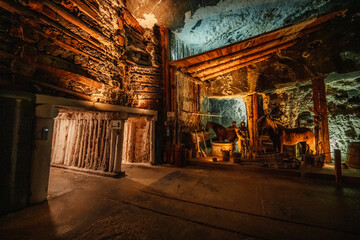 Wieliczka Salt Mine near Krakow. Opened in the 13th century, the mine produced table salt. Underground corridor in Wieliczka Salt Mine