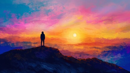 Man standing on top of a mountain and looking at the sunset. A silhouette of a person standing on a mountaintop, gazing towards a vibrant sunrise. 