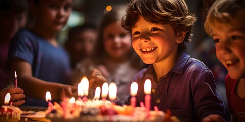 Joyous birthday party with kids gathering around cake with lit candles. warm indoor celebration. happy childhood moments captured. AI - obrazy, fototapety, plakaty