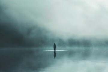 Foggy morning at the lake with silhouette of a man standing on the shore. A solitary figure standing by a mist-covered lake, gazing into the distance.