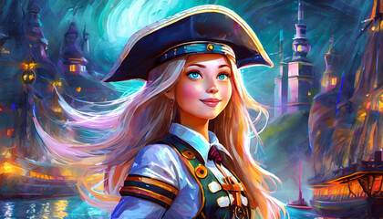 Pirate woman with long blond hair and a captain's hat
