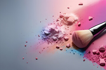 Make-up brush with pink and colourful powder background with copy space, mixed digital 3d illustration and matte painting design.
