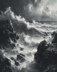 Black and white image of a stormy ocean with huge waves. A seascape depicting tumultuous waves crashing against jagged rocks, symbolizing trouble on the horizon.