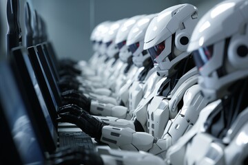 Row of robotic operators in a call center handling customer phone inquiries and providing assistance - obrazy, fototapety, plakaty