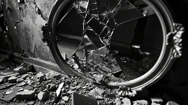 Broken glass on a black background. Black and white photo. A shattered mirror revealing fragments of a crime scene, reflecting the aftermath. Harsh contrasts and gritty details in black and white.