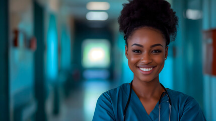 Jóvenes enfermeras o médicos sonriendo en el pasillo del hospital
