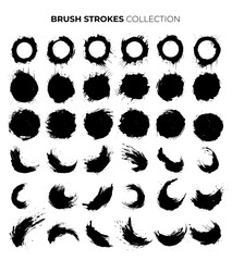 Collection of circular paintbrush grunge elements, flat color.