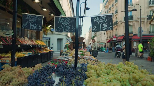 Fruits on the counter of a Parisian market on the street