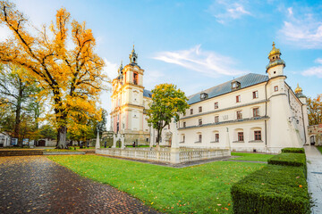 Basilica of St. Michael the Archange famous landmark in Krakow Poland. Landscape on coast river...