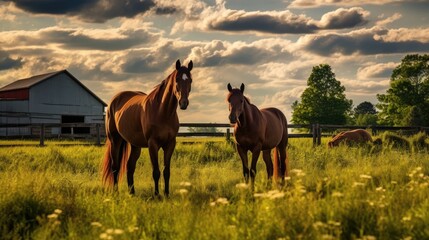 Beautiful Horses Grazing in Central Kentucky Farm with Country Landscape