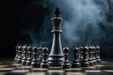Battle for the King: Black Chess Piece in a Confrontation with Opposition Pawns on a Chessboard.