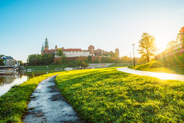 Wawel castle famous landmark in Krakow Poland. Landscape on coast river Wis