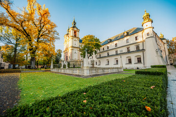 Basilica of St. Michael the Archange famous landmark in Krakow Poland. Landscape on coast river...