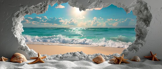 A hole in a white wall, perfect beach view with sunny sky and crystal clear water through the hole