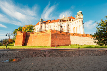 Wawel castle famous landmark in Krakow Poland. Landscape on coast river Wisla