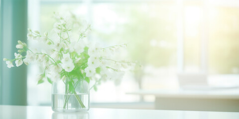 Blurred bouquet of white flowers in glass vase on the table.