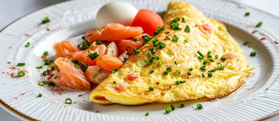 An artistic display of a traditional breakfast dish, featuring perfectly cooked eggs and a vibrant medley of fresh vegetables, served on a pristine white plate indoors