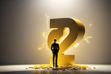 Man silhouette thinking with a huge yellow question mark design. Finding a solution concept background 3D Rendering, 3D Illustration design. - obrazy, fototapety, plakaty
