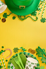 Regal green revelry: St. Patrick's extravaganza. Top view vertical photo of leprechaun hat, paper...