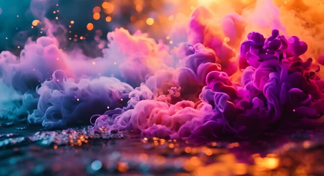 Vivid and colorful smoke swirling over water with sparkling light reflections.