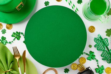 Radiant shamrock affair: St. Patrick's extravaganza. Top view photo of leprechaun hat,  plates,...