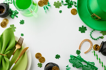 Regal emerald fest: St. Paddy's Day gala. Top view photo of leprechaun hat,  plates, cutlery,...