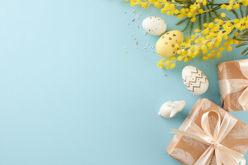 Joyful Easter surprises: gifts galore for springtime. Top view photo of gift boxes, eggs, ceramic...