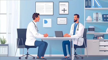 vector illustration of a patient being admitted to a doctor's office. The doctor listens to him attentively...