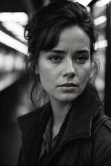 Fototapeta premium A 35-year-old woman's portrait captures in cinema style ,Black and white photography.