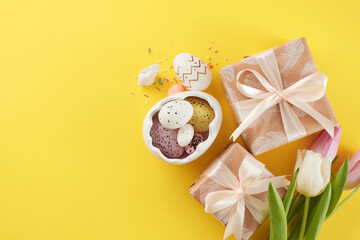 Obraz na płótnie Canvas Spreading Easter joy: a bounty of springtime gifts. Top view photo of gift boxes, eggs, egg-shaped saucer, tulips, sprinkles on yellow background with space for promo panel