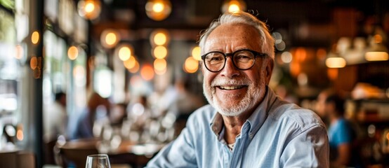 A stylish man confidently beams through his glasses, his smile lighting up the indoor restaurant as he captures the attention of the street outside - obrazy, fototapety, plakaty