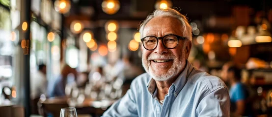 Tuinposter A stylish man confidently beams through his glasses, his smile lighting up the indoor restaurant as he captures the attention of the street outside © Radomir Jovanovic