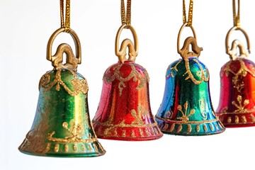 A collection of bells hanging from a gold chain. This image can be used to represent celebration, decoration, or musical themes