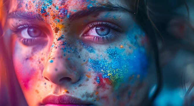 A person's face artistically covered with colorful splatters of paint, highlighting their eyes.