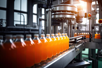Process of beverage manufacturing on a conveyor belt at a factory.Background - obrazy, fototapety, plakaty
