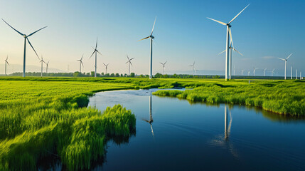 windmills turbines in a natural field for wind generation of hydrogen out of air or water into pipeline, Green hydrogen nitrogen to form nitrogen fertilizer production banner concept 