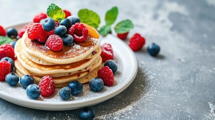 Delicious pancakes topped with fresh berries on a white plate. Perfect for breakfast or brunch