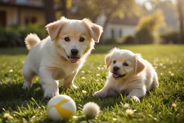 Two little puppies and toy balls on the grass on a sunny day