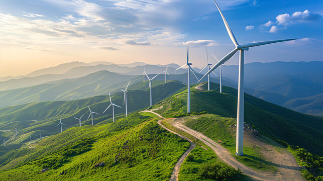 windmills turbines in a natural field for wind generation of hydrogen out of air or water into pipeline, Green hydrogen nitrogen to form nitrogen fertilizer production banner concept 