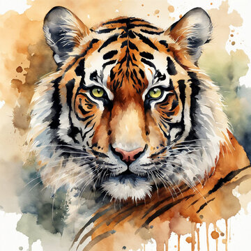 This is a vibrant watercolor painting of a tiger's face, showcasing intense and captivating details. The tiger has striking yellow-green eyes that are full of intensity