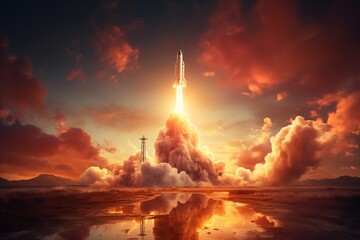 A powerful rocket takes off, beginning its journey into the boundless vastness of space - obrazy, fototapety, plakaty