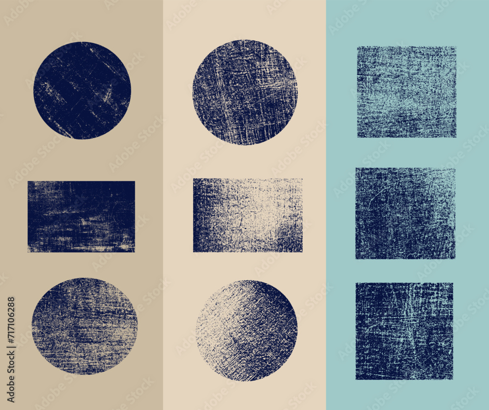 Fototapete set of blue grunge square and round template. vector painted squares or rectangular shapes. dirty gr