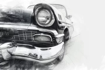 Stoff pro Meter A black and white drawing of a classic car. Suitable for vintage car enthusiasts or automotive-themed designs © Fotograf