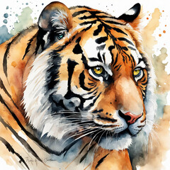 This is a vibrant watercolor painting of a tiger's face, showcasing intense and captivating details. The tiger has striking yellow-green eyes that are full of intensity.