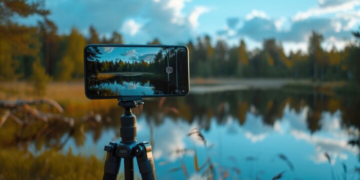 A cell phone placed on a tripod next to a serene lake. Ideal for capturing stunning landscape shots or for vlogging by the water's edge