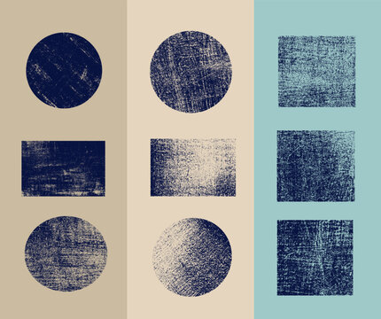 Set of blue grunge square and round template. Vector painted squares or rectangular shapes. Dirty grunge design frames, borders or templates for text. Hand drawn brush strokes high quality textured